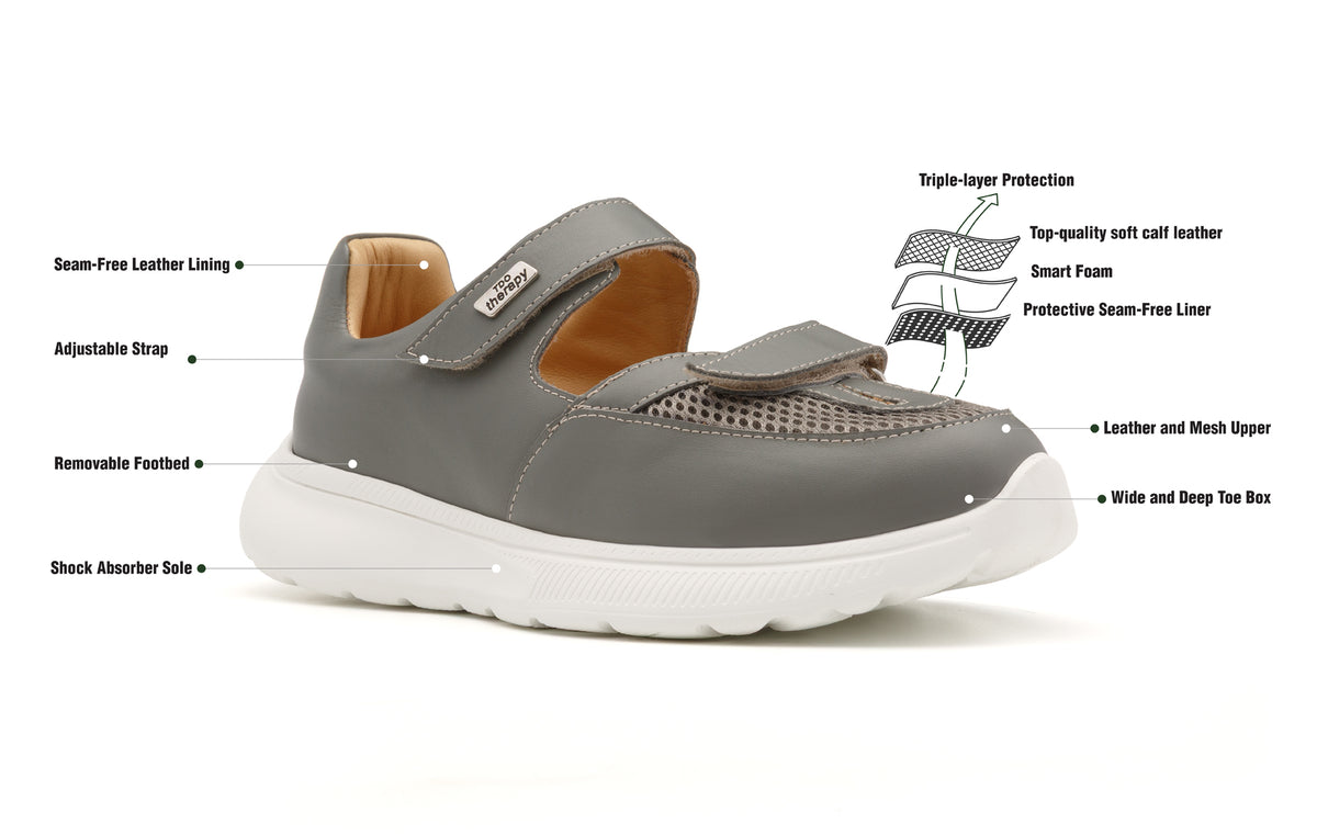 Grey Mira mesh shoe with labelled product features.