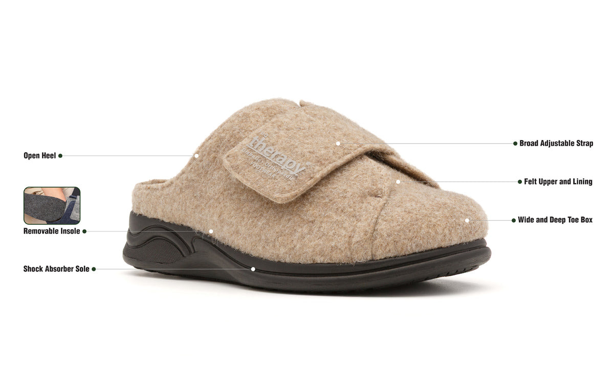 Camel Otley felt slipper with labelled product features.