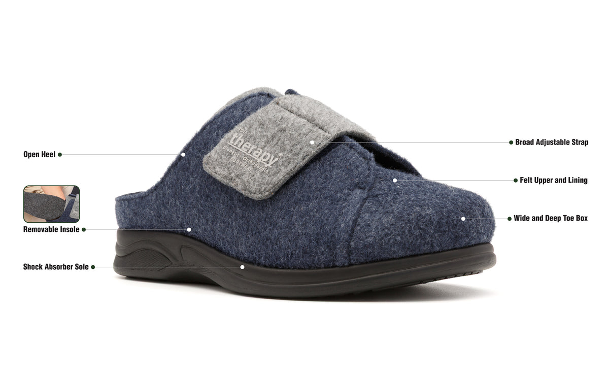 Navy and grey Otley felt slipper with labelled product features.