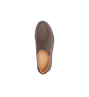 Men's brown slip on shoes with an extra depth design.
