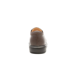 Men's brown slip on shoes with heel support.