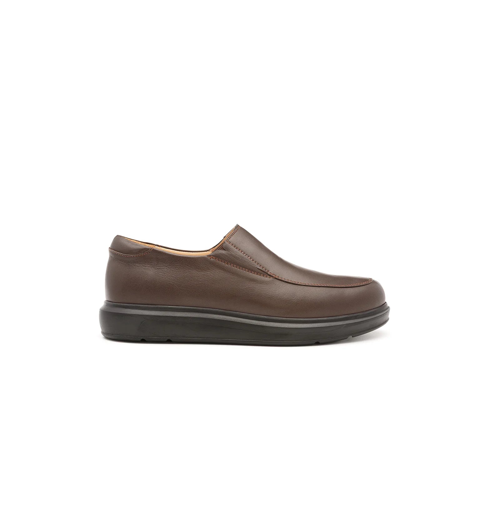 Men's brown slip on shoes with a supportive sole.