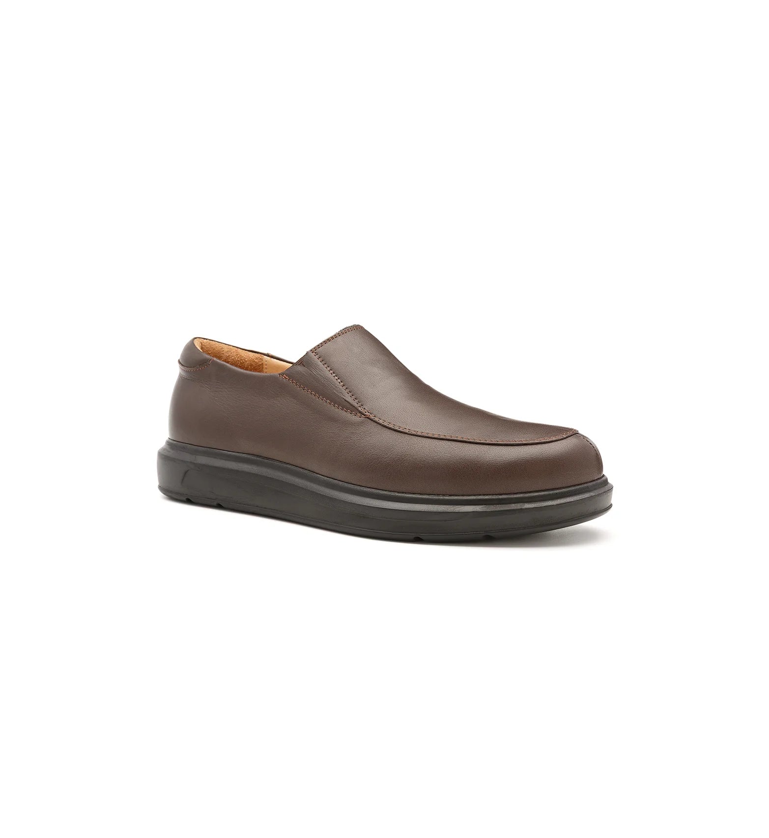 Men's brown slip on shoes with a wide fit design.