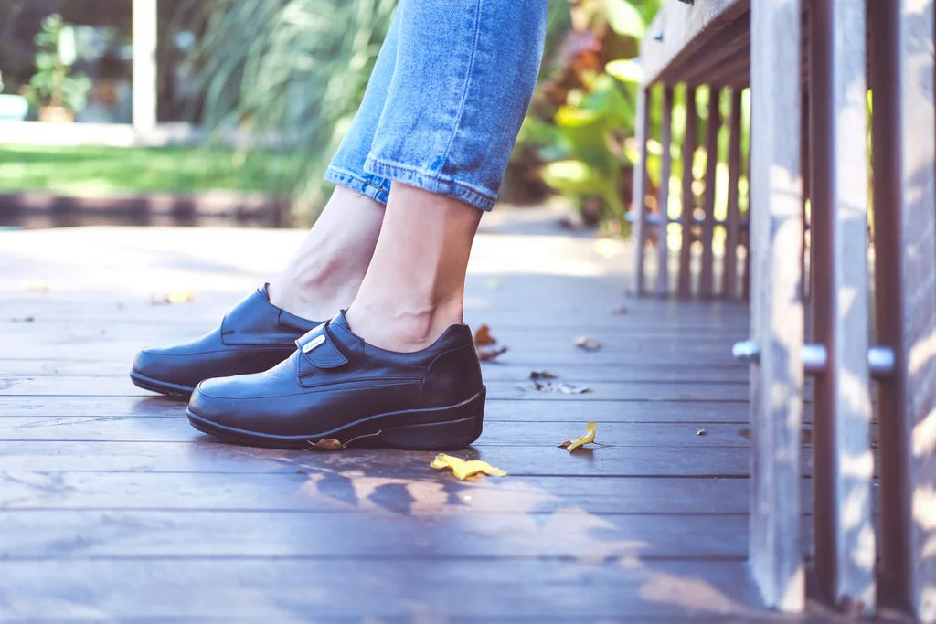 Lifestyle image featuring a woman wearing TDO 101-W Women's Diabetic Orthopaedic Shoes, showcasing style and comfort for women.