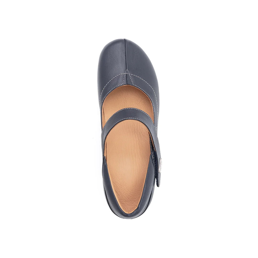 Close-up of TDO 803-W Navy Marry Jane Women's Wide Fit Orthopaedic Shoes, showcasing their elegant details and comfort features.