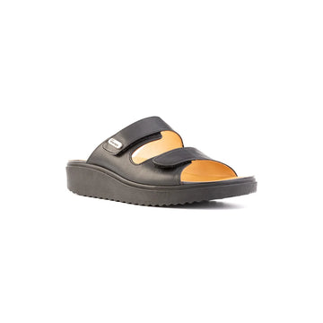 Front view of TDO TC016.PI-UNI Wide Fit Orthopaedic Diabetic Sandals in full black calf leather, showcasing comfort and versatility.