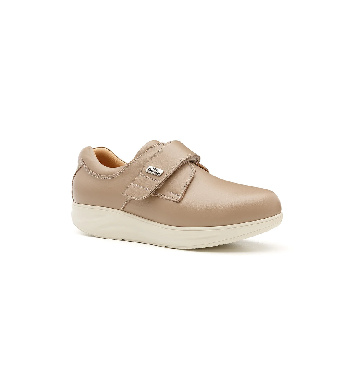 Beige Ashby women's leather shoe with one touch-fastening strap and a black sole.