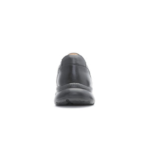 Rear view of women’s black slip resistant trainer showing stable heel support