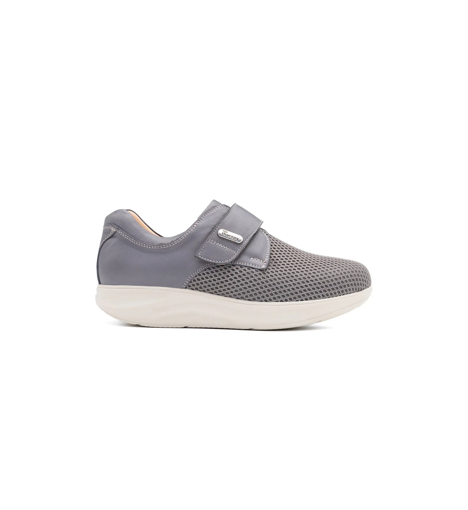 Side view of women's breathable walking shoes with a lightweight mesh upper and supportive rocker bottom sole.