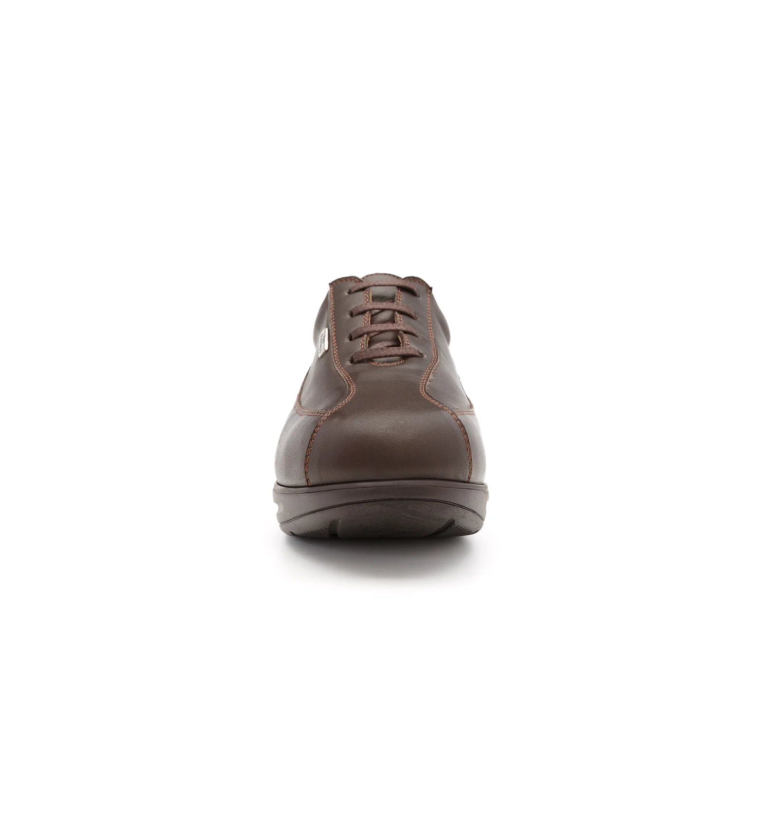 Front view of women’s brown diabetic shoe with extra depth toe box and supportive shape