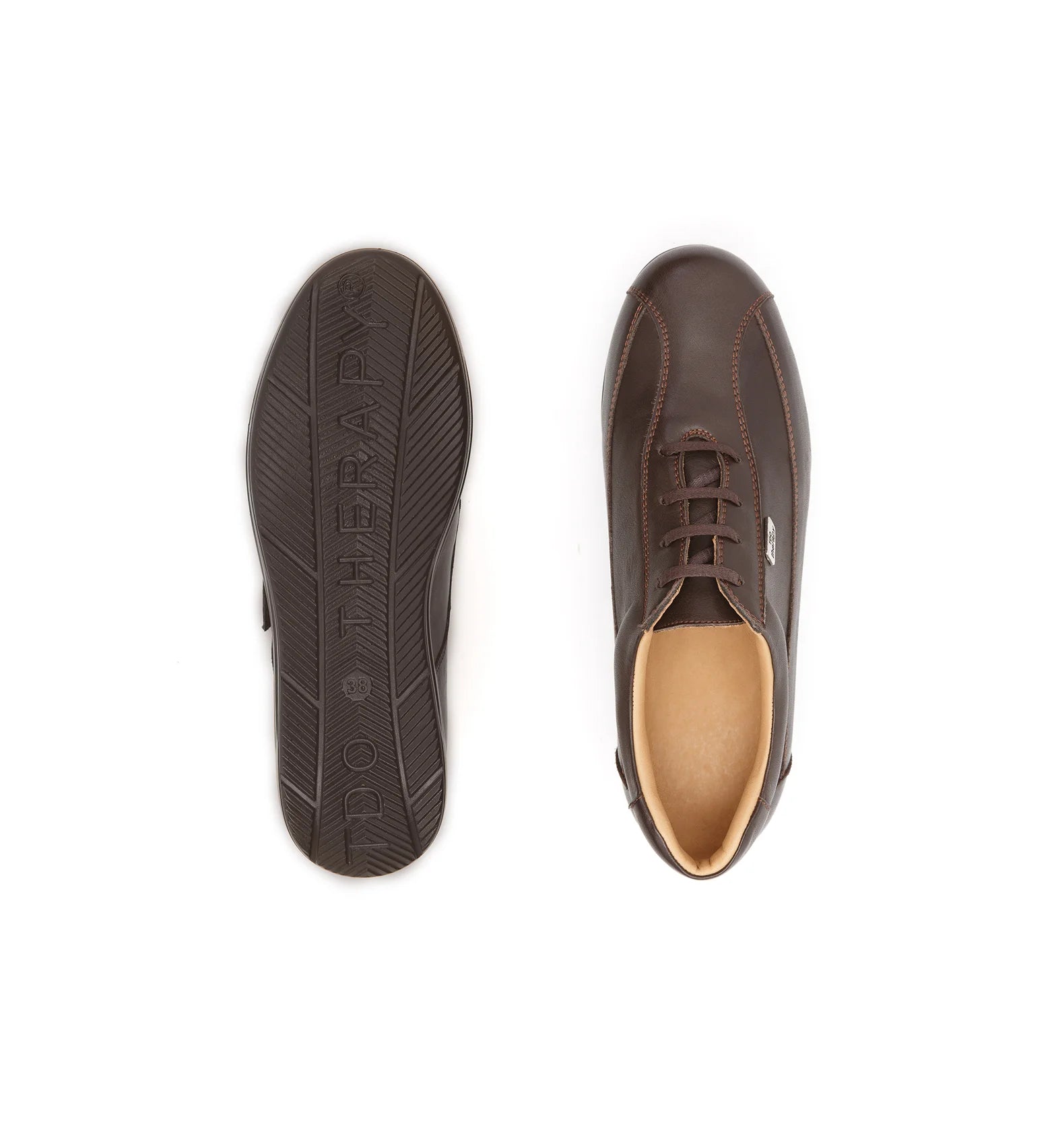 Top and outsole view of women’s brown diabetic shoe with rocker sole and stable support.