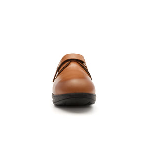 Front view of women's extra depth tan diabetic shoes with a plain rounded toe and pressure-relieving seamless lining.