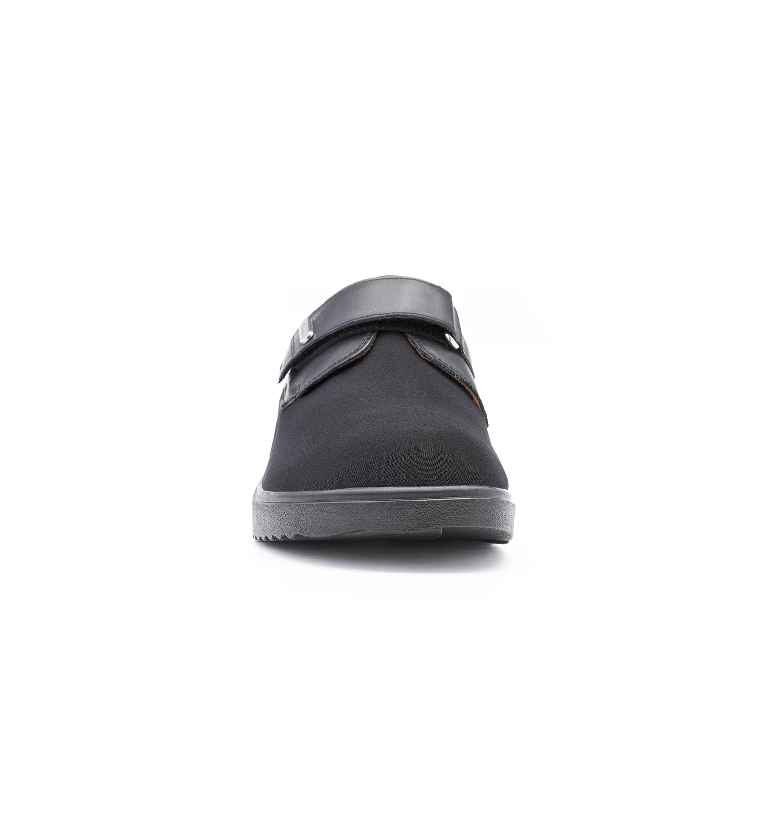 Front view of women’s extra wide and deep diabetic shoe with adjustable strap for swollen feet and easy entry
