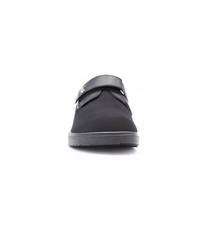 Front view of women’s extra wide and deep diabetic shoe with adjustable strap for swollen feet and easy entry
