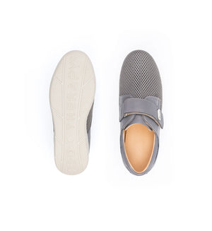 Women's grey breathable comfort shoes with a rocker sole and supportive wide fit designed for all-day comfort.