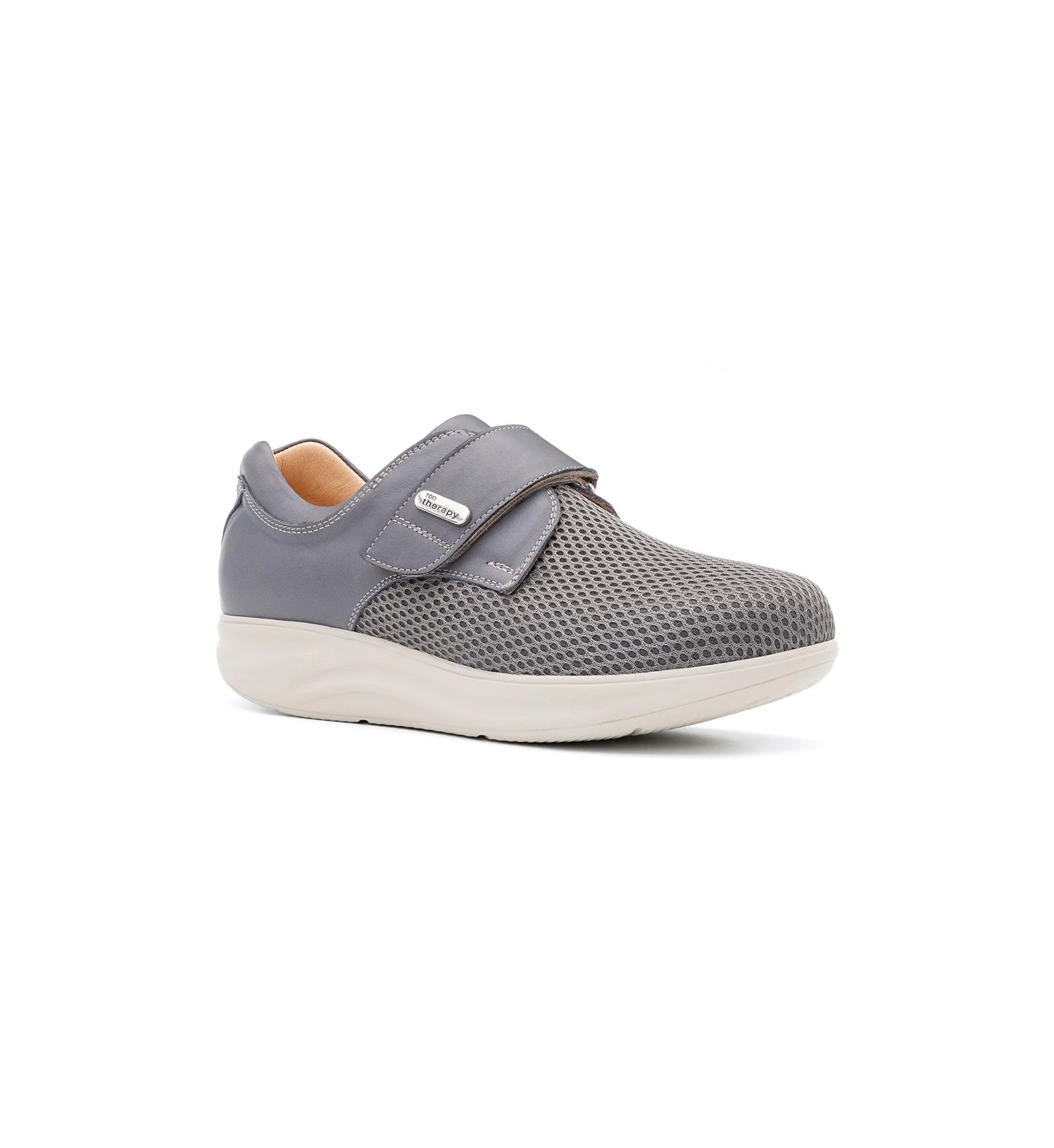 Women's grey mesh comfort shoes featuring a breathable upper, rocker sole and supportive wide fit for everyday walking.