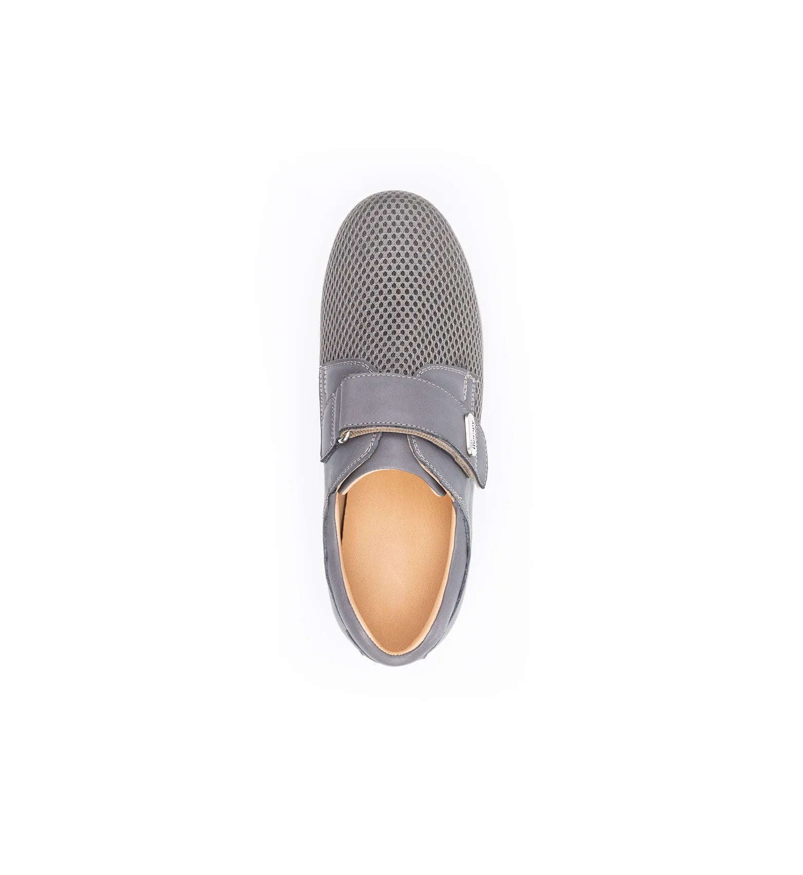 Top view of women's grey comfort shoes featuring a breathable mesh upper and adjustable touch fastening.