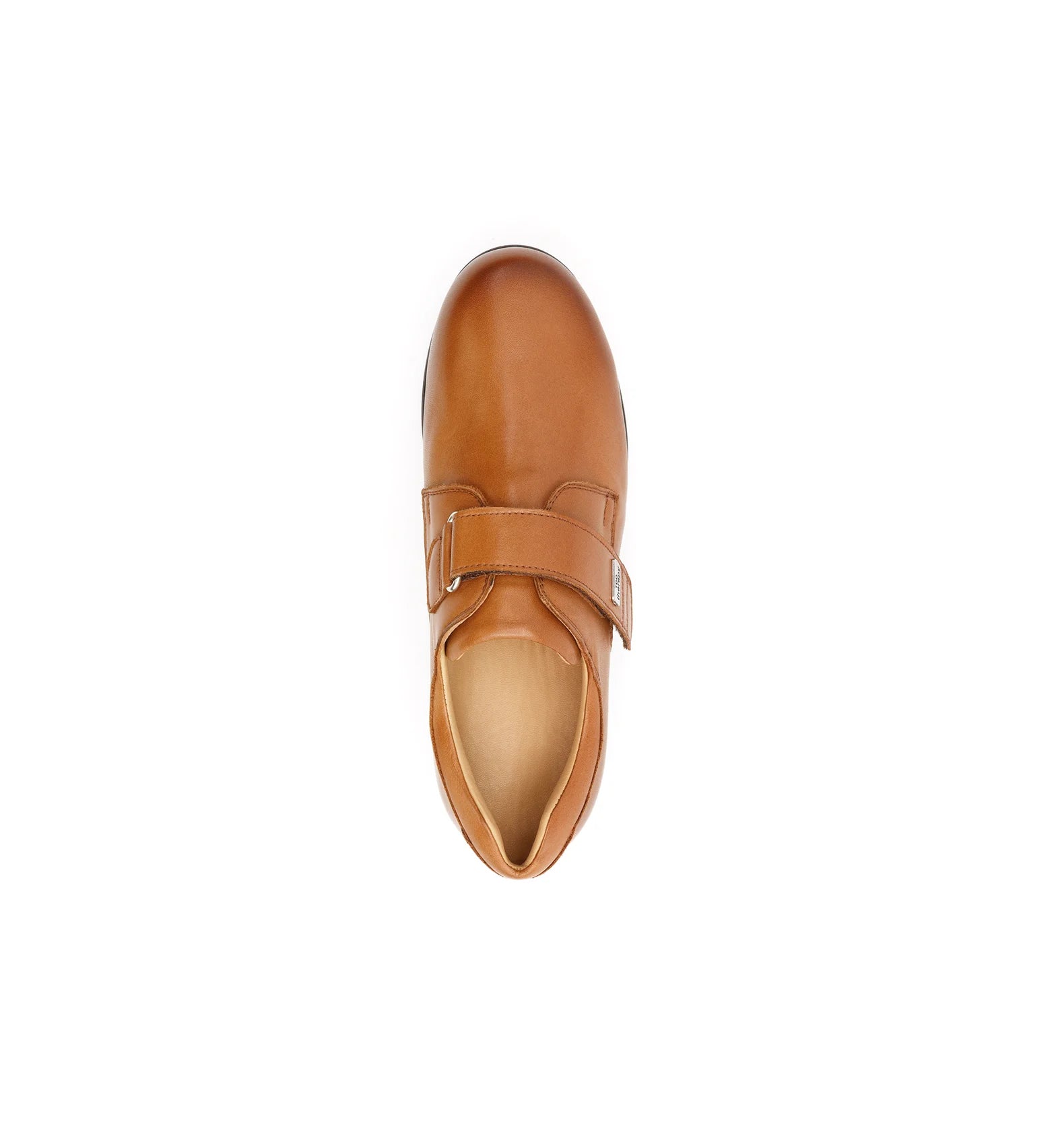 Top view of women's tan leather orthopedic shoes with adjustable hook and loop fastening and extra internal depth.