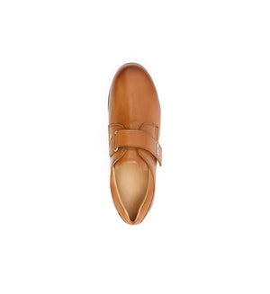 Top view of women's tan leather orthopedic shoes with adjustable hook and loop fastening and extra internal depth.