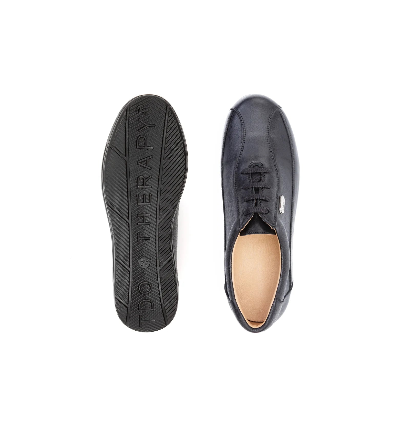 Top and outsole view of women’s black orthopaedic diabetic shoe with rocker bottom sole and structured support design