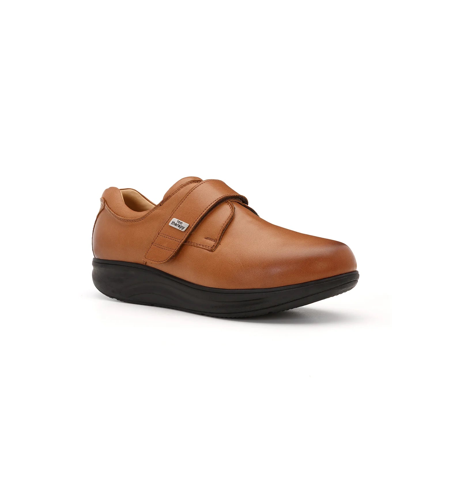 Women's orthopedic diabetic shoes in tan leather with a rocker bottom sole and adjustable hook and loop fastening.