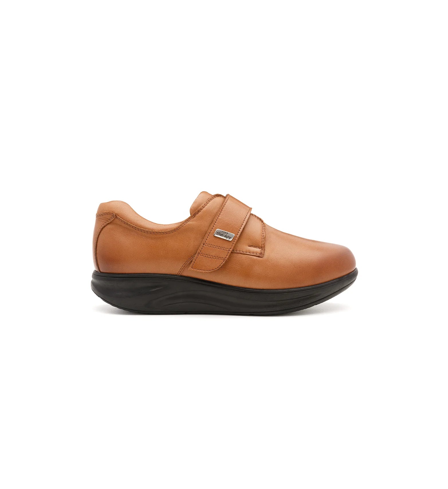 Side view of women's tan leather supportive walking shoes featuring a rocker sole and deep, accommodating fit.