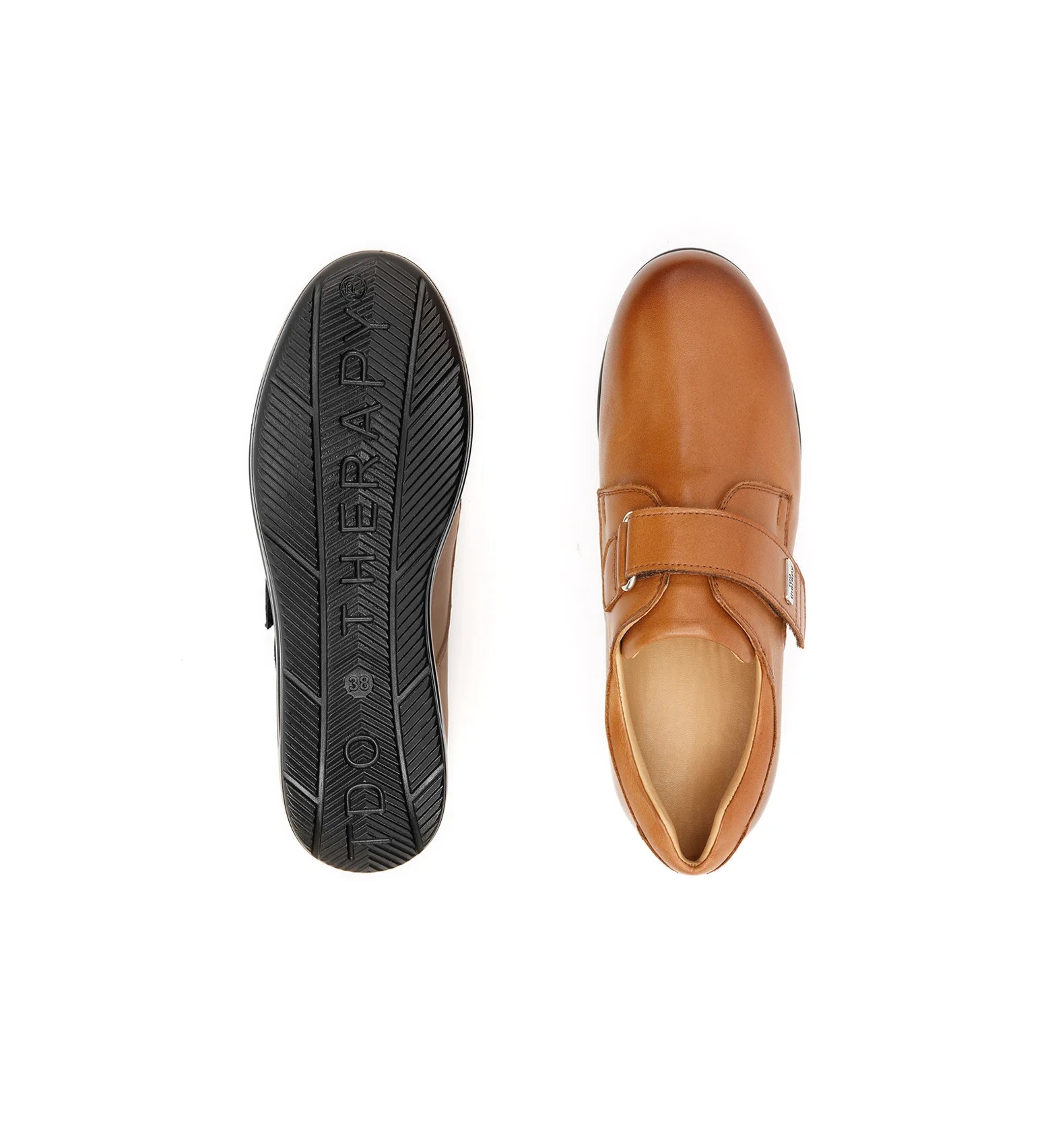 Women's tan leather orthopedic shoes with a rocker sole and seamless construction designed for comfortable supported walking.