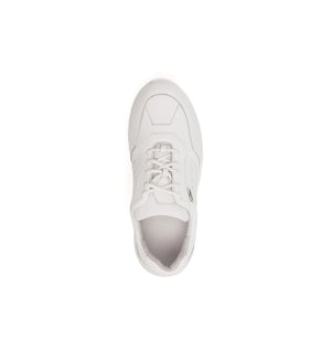 Top view of women’s white slip resistant wide and deep trainer with lace-up design and roomy fit